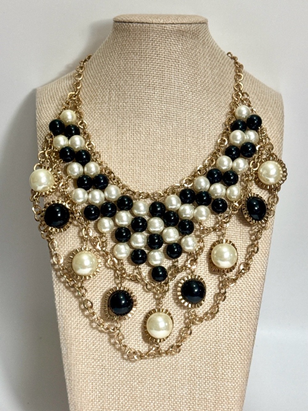 Statement Black White Pearl Look Layered Chain Necklace Gold Tone Bib